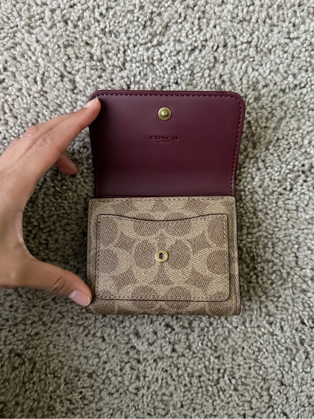 Coach Compact Signature Card Case with Brown Leather Flap